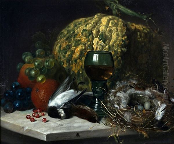 Stilleven Met Fruit, Vogels En Vogelnestje Oil Painting by Hendrik Veldhuyzen