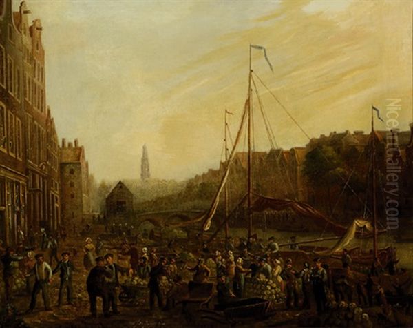 Amsterdam Market Scene With The Westertower On The Background Oil Painting by Willem Frederik Veldhuyzen