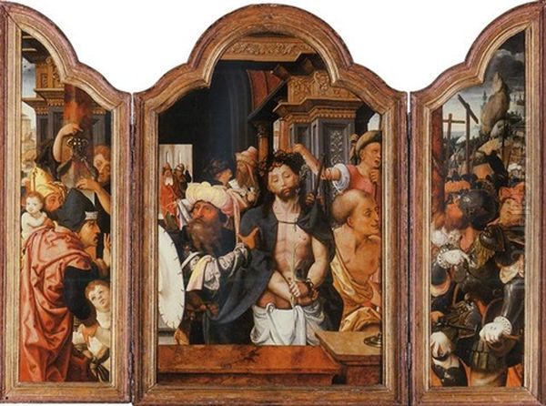 Ecce Homo, The Crucifixion Beyond In The Right Wing; Saint Jerome And Saint Catherine Of Alexandria With Donors, Outer Faces Oil Painting by Dirk Jacobsz Vellert