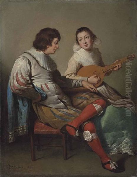 An Elegant Couple Playing Music Oil Painting by Jacob Jansz (Jan) van Velsen