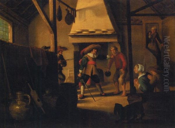 Officers Threatening A Peasant Family In A Barn Oil Painting by Jacob Jansz (Jan) van Velsen