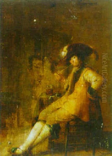 A Man Smoking A Pipe In An Interior With A Girl Beyond Oil Painting by Jacob Jansz (Jan) van Velsen