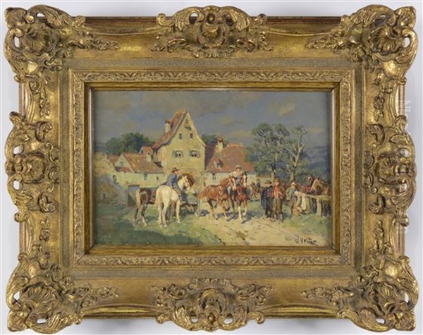 Horse Merket In A Village Oil Painting by Wilhelm Velten