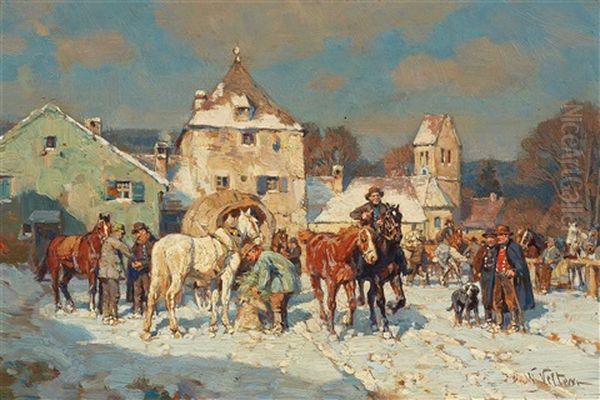 The Marketplace The Riders' Departure Oil Painting by Wilhelm Velten