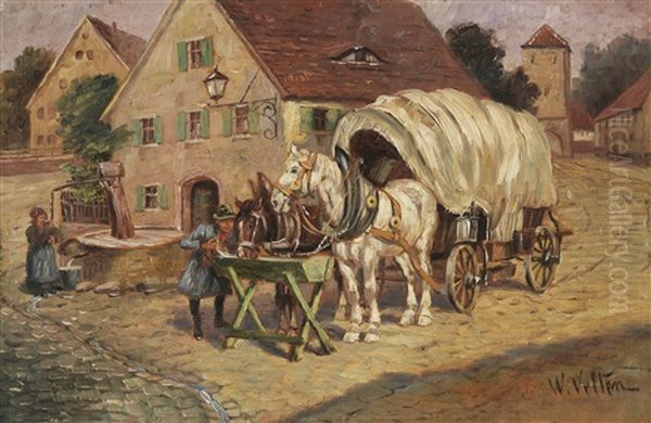 Fuhrwerk Am Dorfbrunnen Oil Painting by Wilhelm Velten