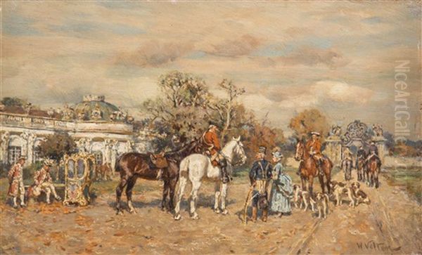 Aufbruch Zur Jagd Vor Schloss Sanssouci In Potsdam Bei Berlin Oil Painting by Wilhelm Velten