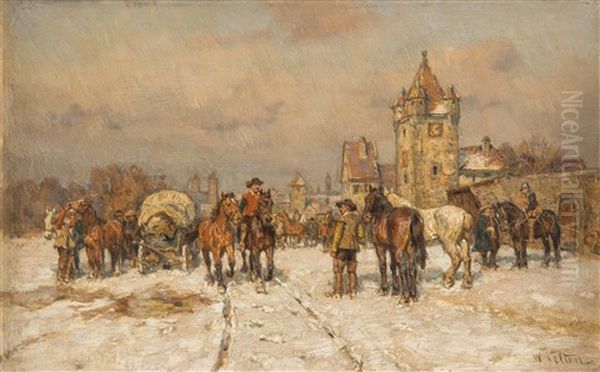 Pferde-enteignung Im Winter Vor Einer Stadtmauer Oil Painting by Wilhelm Velten