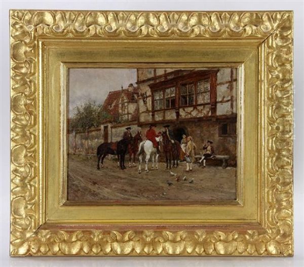 Horsemen In Front Of A Tavern Oil Painting by Wilhelm Velten