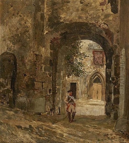 Hohensalzburg Fortress - A Cuirassier Beneath An Archway Oil Painting by Wilhelm Velten