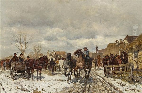 Horsemarket In Winter Oil Painting by Wilhelm Velten