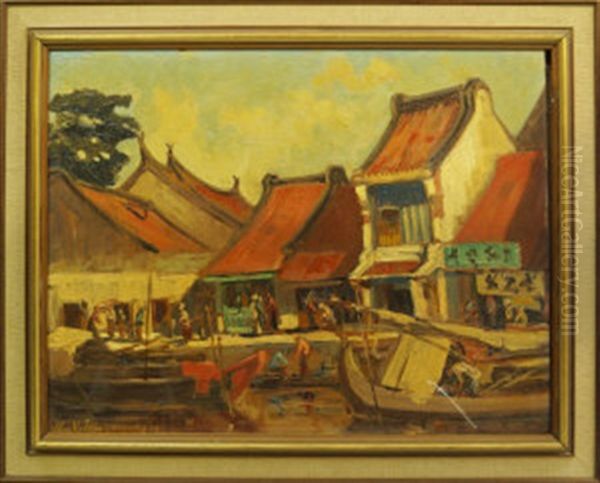 Village Scene With Figures And Moored Fishing Boats, Indonesian Scene Oil Painting by Henry Van Velthuysen