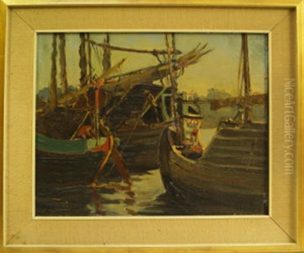 Boats In A Harbour, Indonesian Scene Oil Painting by Henry Van Velthuysen