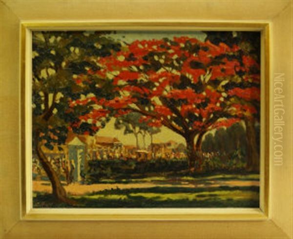 Crowd Of Figures By A Temple With A Flowering Tree, Indonesian Scene Oil Painting by Henry Van Velthuysen