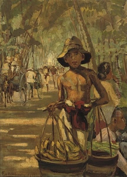 Indonesian Street Vendor Selling Bananas Oil Painting by Henry Van Velthuysen