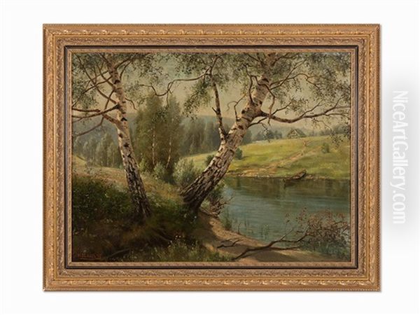 Birches At The River Oil Painting by Ivan Augustovitch Veltz