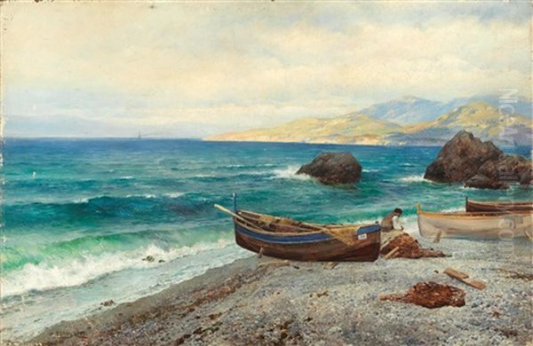 Fisherman On The Crimean Coast Oil Painting by Ivan Augustovitch Veltz