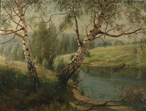 Birches On The River Bank Oil Painting by Ivan Augustovitch Veltz