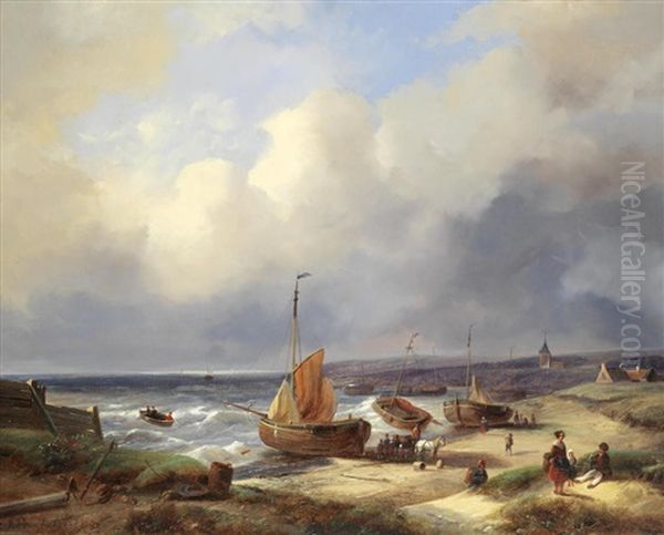 A Dutch Coastal Lanscape Oil Painting by Johanes Petrus van Velzen