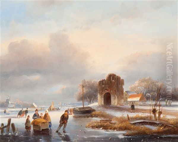 Skaters And Sleigh Near A Ruined Tower Oil Painting by Johanes Petrus van Velzen