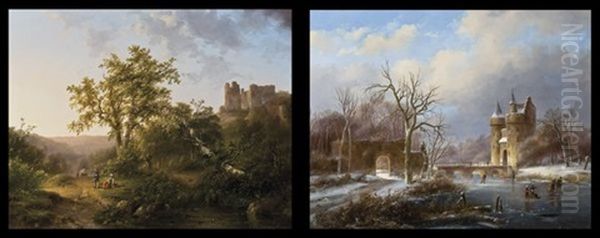 Ete (+ Hiver; 2 Works) Oil Painting by Johanes Petrus van Velzen