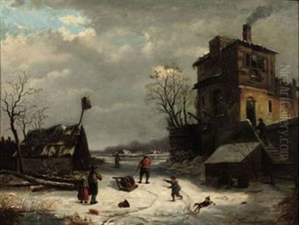 A Winter's Day Oil Painting by Johanes Petrus van Velzen