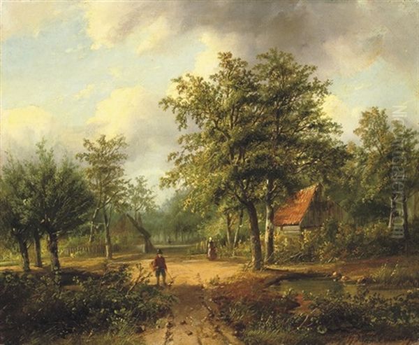 Figures On A Sandy Track Oil Painting by Johanes Petrus van Velzen