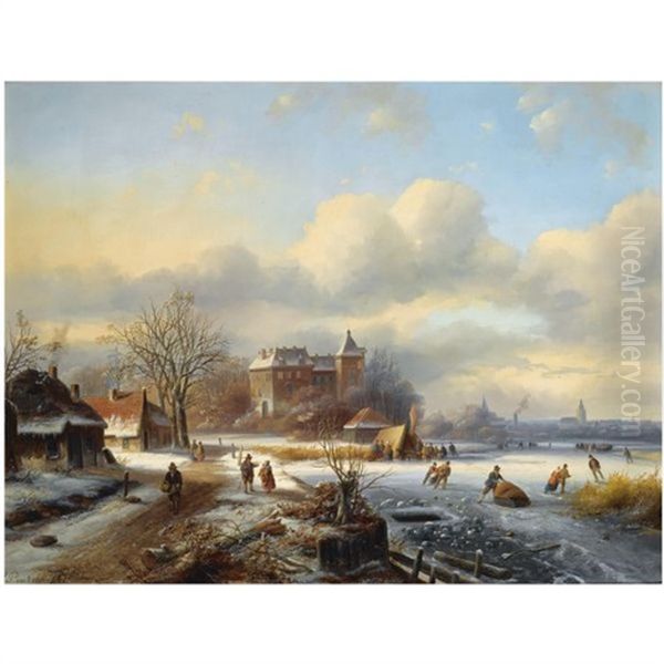 A Winter Landscape With Skaters On The Ice, A Town In The Distance Oil Painting by Johanes Petrus van Velzen