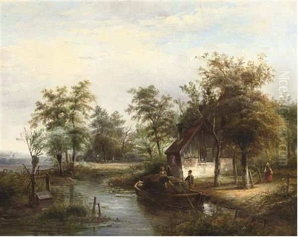 Activities Near A Stream On A Summers Day Oil Painting by Johanes Petrus van Velzen