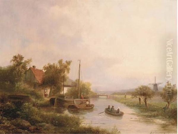 Along The River In Summer Oil Painting by Johanes Petrus van Velzen