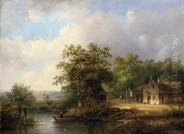 The Dutch Tavern Near The Lake Oil Painting by Johanes Petrus van Velzen