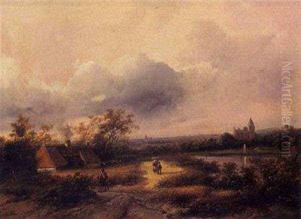 A Riverlandscape With Travellers On A Path Oil Painting by Johanes Petrus van Velzen