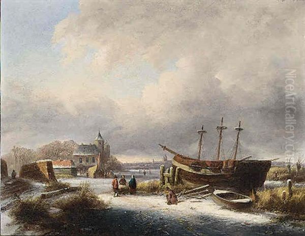 Winter Landscape With Figures By A Boat Oil Painting by Johanes Petrus van Velzen