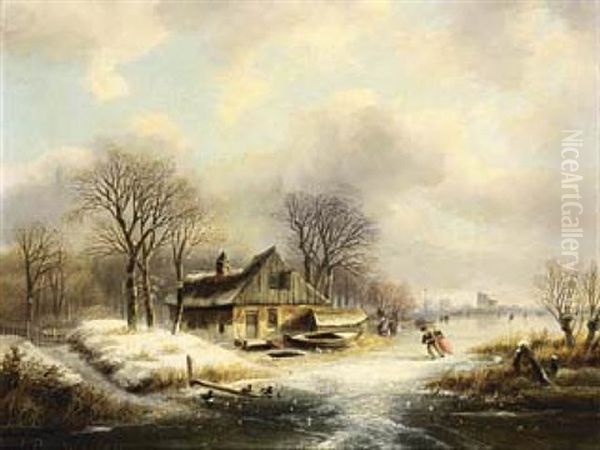 A Winter Landscape With Figures On A Frozen River Oil Painting by Johanes Petrus van Velzen