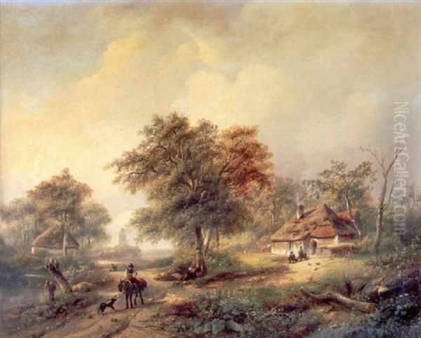 A Traveller On A Country Road Within A Summer River Landscape by Johanes Petrus van Velzen