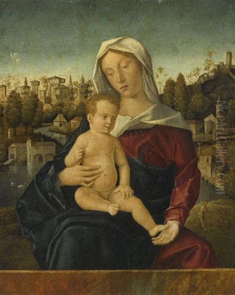 The Madonna And Child, Seated Behind A Ledge, A River Landscape And A Town Beyond Oil Painting by Bartolomeo Veneto