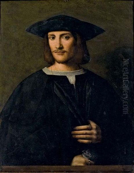 Gentiluomo In Abito Scuro Con Cappello Nero E Camicia Bianca E Anello Con Stemma Nobiliare Oil Painting by Bartolomeo Veneto