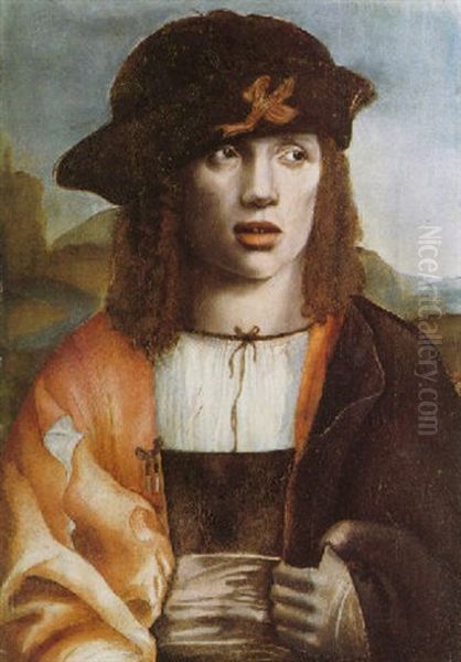 Portrait Of A Young Man Wearing A Red And Black Cloak, A White Chemise, A Mauve Sash And A Black Cap With Red Ribbon Oil Painting by Bartolomeo Veneto