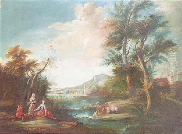 A Pastoral Landscape With Figures Resting In The Foreground, Figures Bathing In A River And A Mountain Beyond Oil Painting by Bartolomeo Veneto