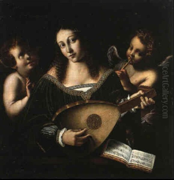 La Joueuse De Luth Entouree De Deux Amours Oil Painting by Bartolomeo Veneto