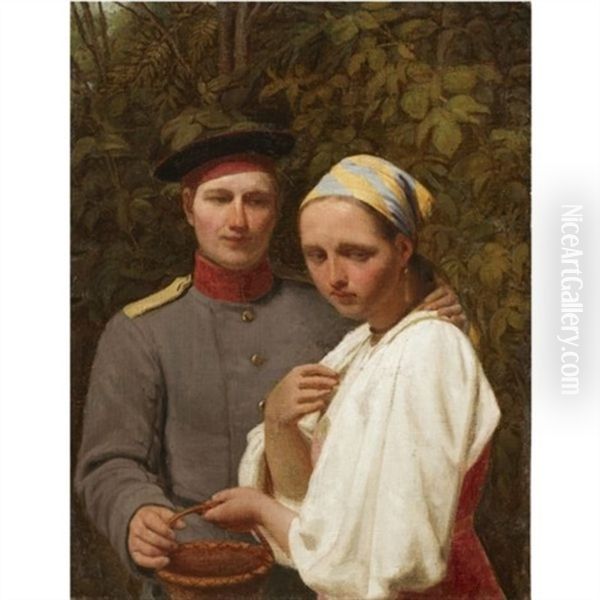 Soldier And Peasant Girl Oil Painting by Alexei Gavrilovich Venetsianov