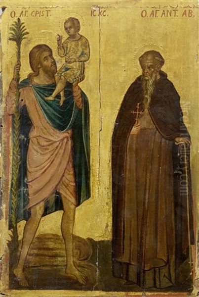 Double-sided Altar Panel: One Side For Feast Days With Saints Christopher And Anthony/ One Side For Work Days With Four Saints Oil Painting by Paolo Veneziano