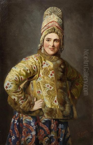 Portrait Of A Young Woman In Traditional Dress Unframed Oil Painting by Karl Bogdanovich Venig