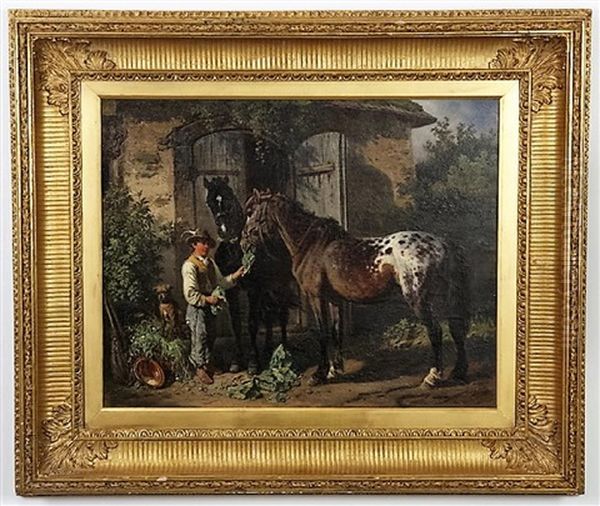 Feeding The Horses Oil Painting by Adolph van der Venne