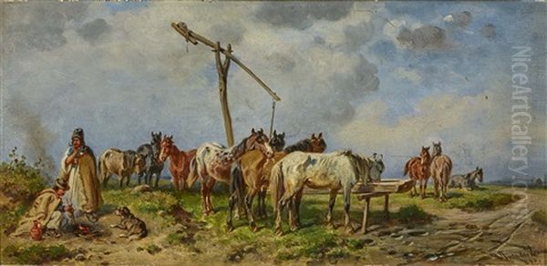 Pferde An Der Tranke Oil Painting by Adolph van der Venne