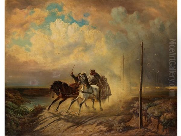 Rasante Kutschfahrt Auf Ungarischem Bauernfuhrwerk Entlang Einer Strecke Mit Telegraphenmasten Oil Painting by Adolph van der Venne