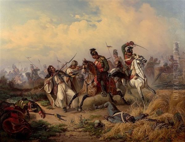 Combat De Lanciers Autrichiens Contre Des Hongrois Oil Painting by Adolph van der Venne