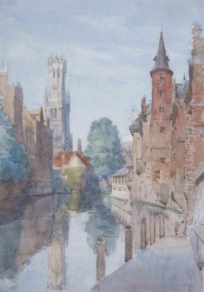 The Belfry, Bruges Viewed From The River Oil Painting by Henry Charles Brewer