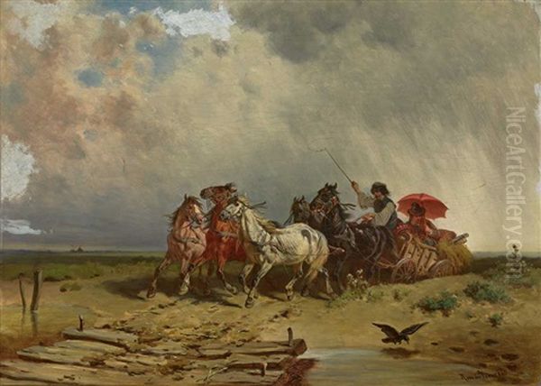 Funfspanniges Fuhrwerk In Rasanter Fahrt Vor Aufkommendem Gewitter Oil Painting by Adolph van der Venne