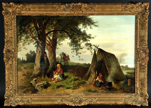 Zigeunerlager In Landschaft Mit Baumen Oil Painting by Adolph van der Venne