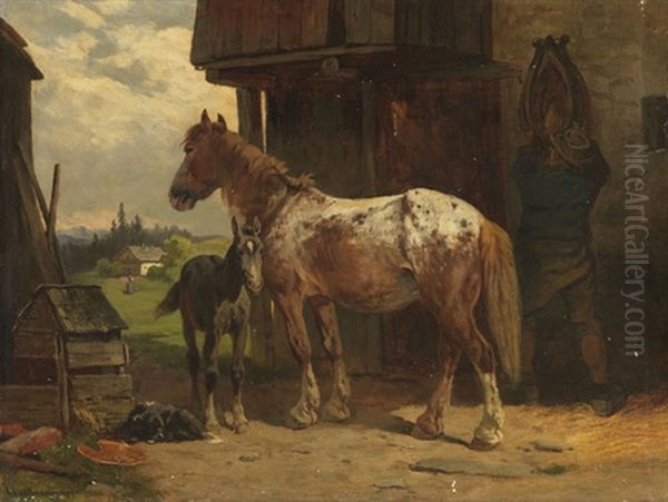 Stute Mit Fohlen Im Hof Oil Painting by Adolph van der Venne